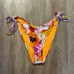 NWT Aerie Low Rise Tie Cheekiest Bikini Bottom Large Orange Floral UPF 50